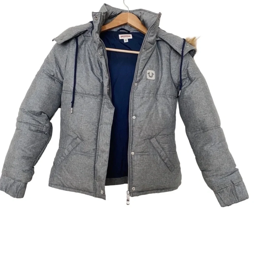 NEW TRUE RELIGION SNOW SKI PUFFER BOMBER JACKET GRAY FUR HOOD WINTER COAT